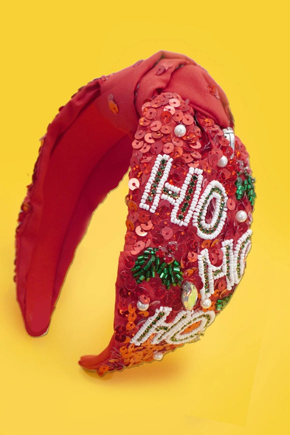 Ho Ho Ho Red Sequin | Christmas Seed Bead Embellished Headband