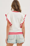 Game Day Ruffle Sleeve Knit Top | White/Red