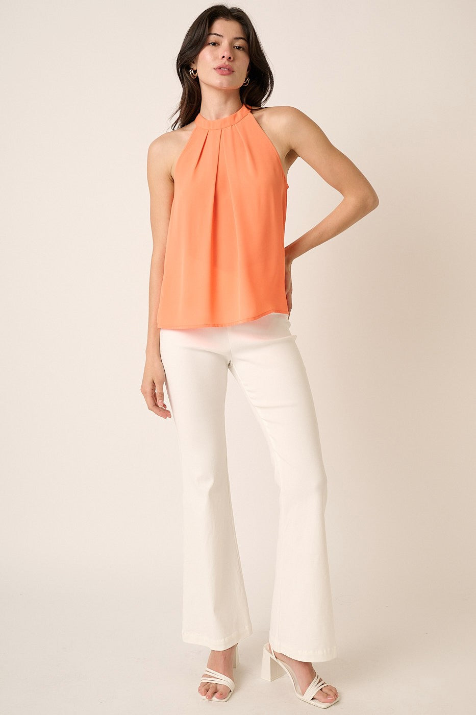 Pleated A-Line Halter Top | Orange