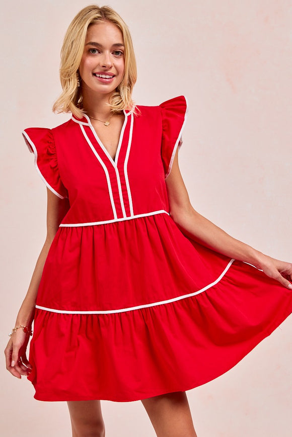 Game Day Spirit Ruffled Sleeve Dress | Red/White