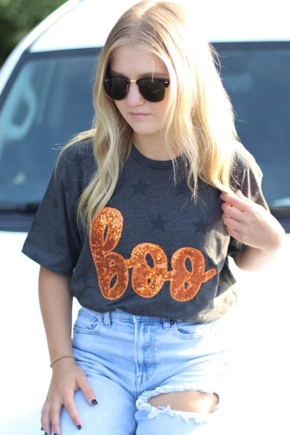 Sequin Boo Star Tee | Dark Heather Grey