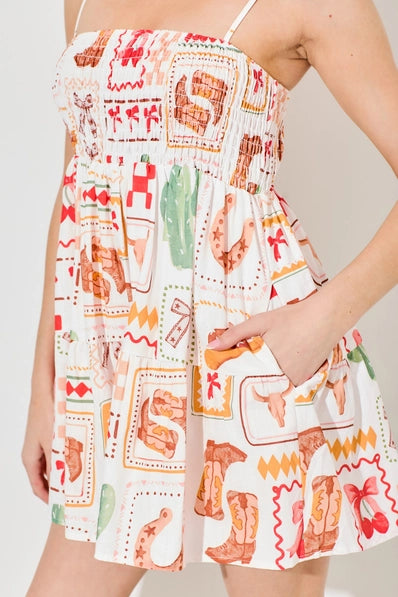 Western Print Romper | Ivory Multi