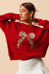 Gold Sequin Ribbon Sweater Top | Red