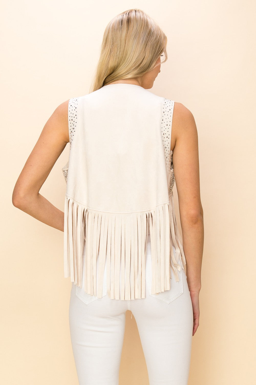 Suede Rhinestone Fringe Vest | Natural
