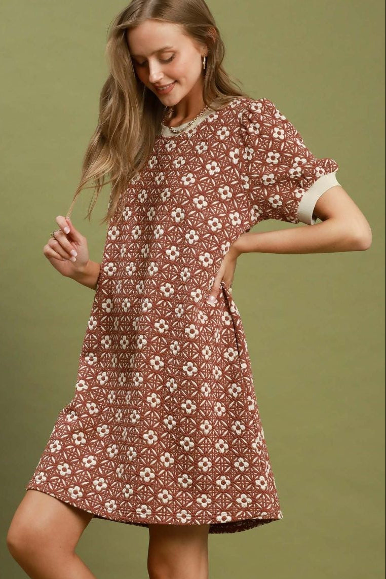 Floral Textured Puff Sleeve Dress | Rust
