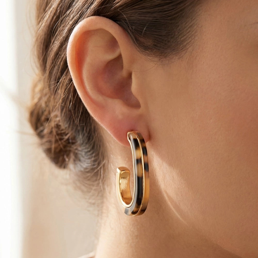 Acetate and Metallic Oval Hoop Earrings | Tortoise