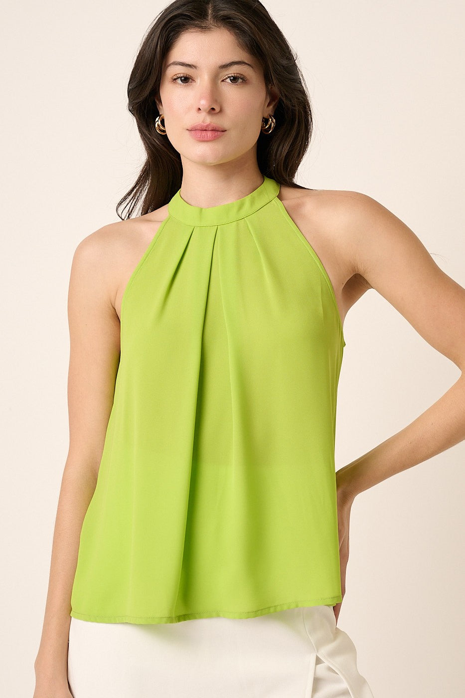 Pleated A-Line Halter Top | Lime