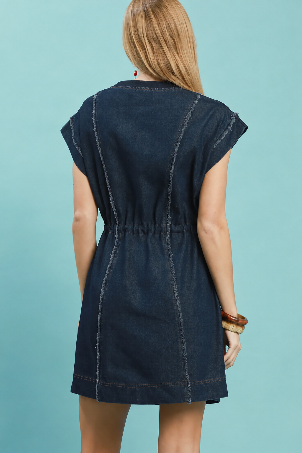Drawstring Frayed Denim Dress | Dark Wash