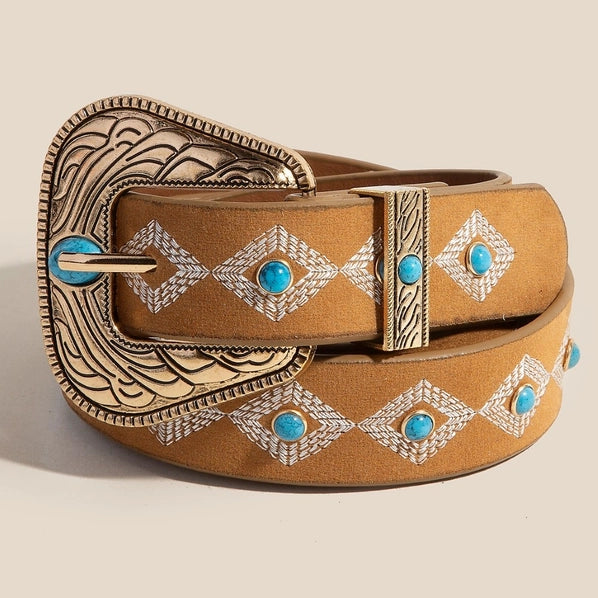 Turquoise Studs Concho Buckle Belt | Brown/Gold