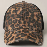 Leopard Distressed Mesh Baseball Cap | Black