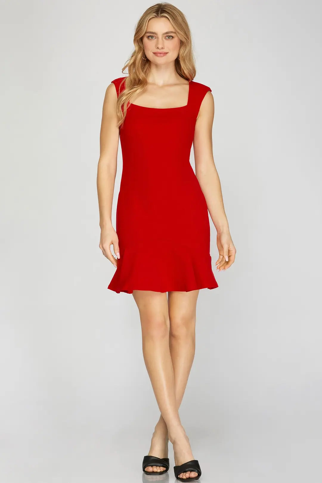 Square Neck Pleat Dress | Red