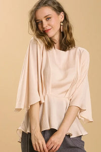 Satin Pleated Kimono Peplum Top | Champagne