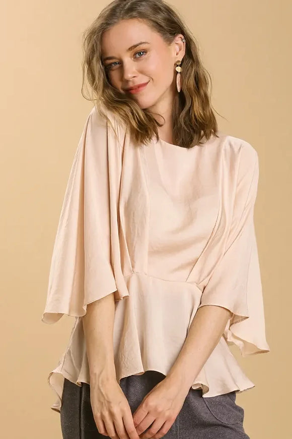 Satin Pleated Kimono Peplum Top | Champagne