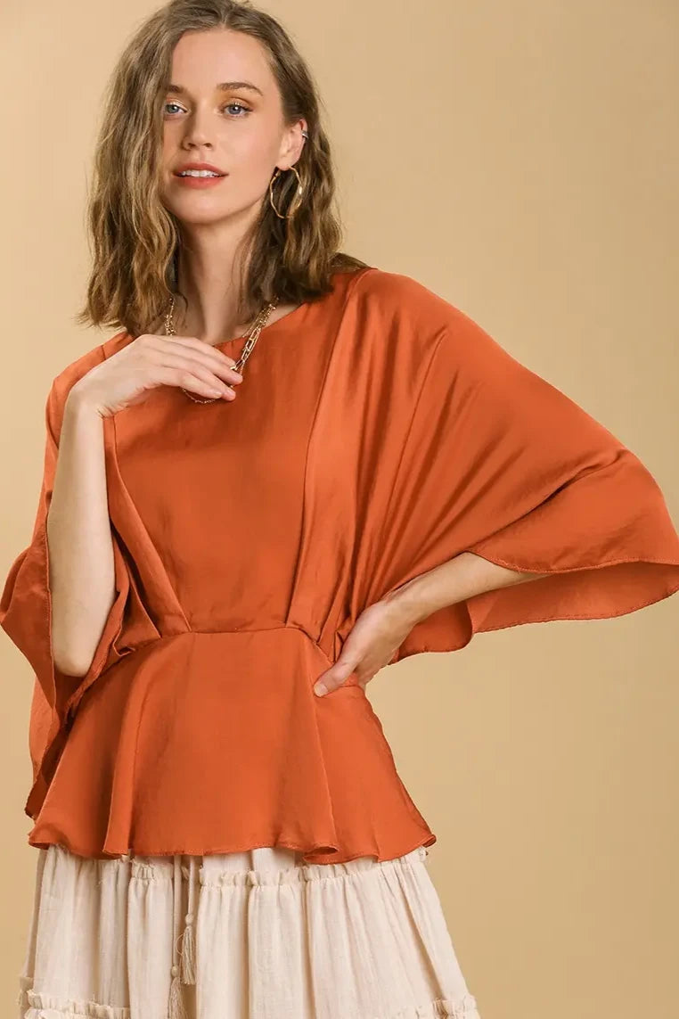 Satin Pleated Kimono Peplum Top | Sunset