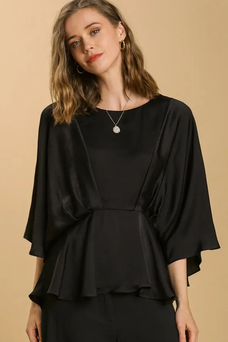 Satin Pleated Kimono Peplum Top | Black