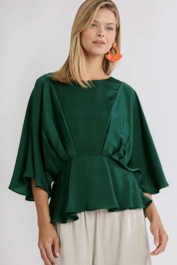 Satin Pleated Kimono Peplum Top | Forest