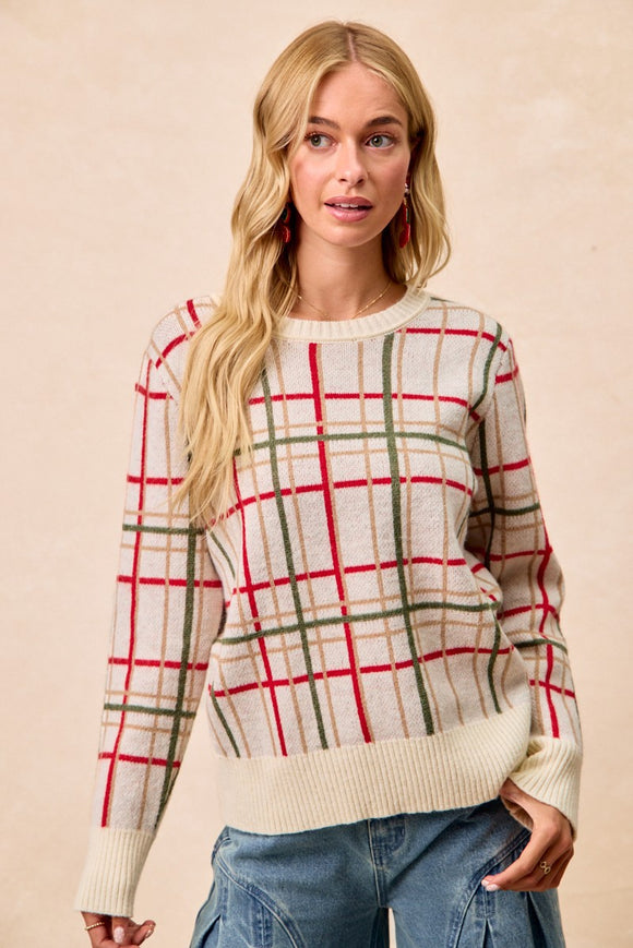 Christmas Plaid Sweater Top | Cream