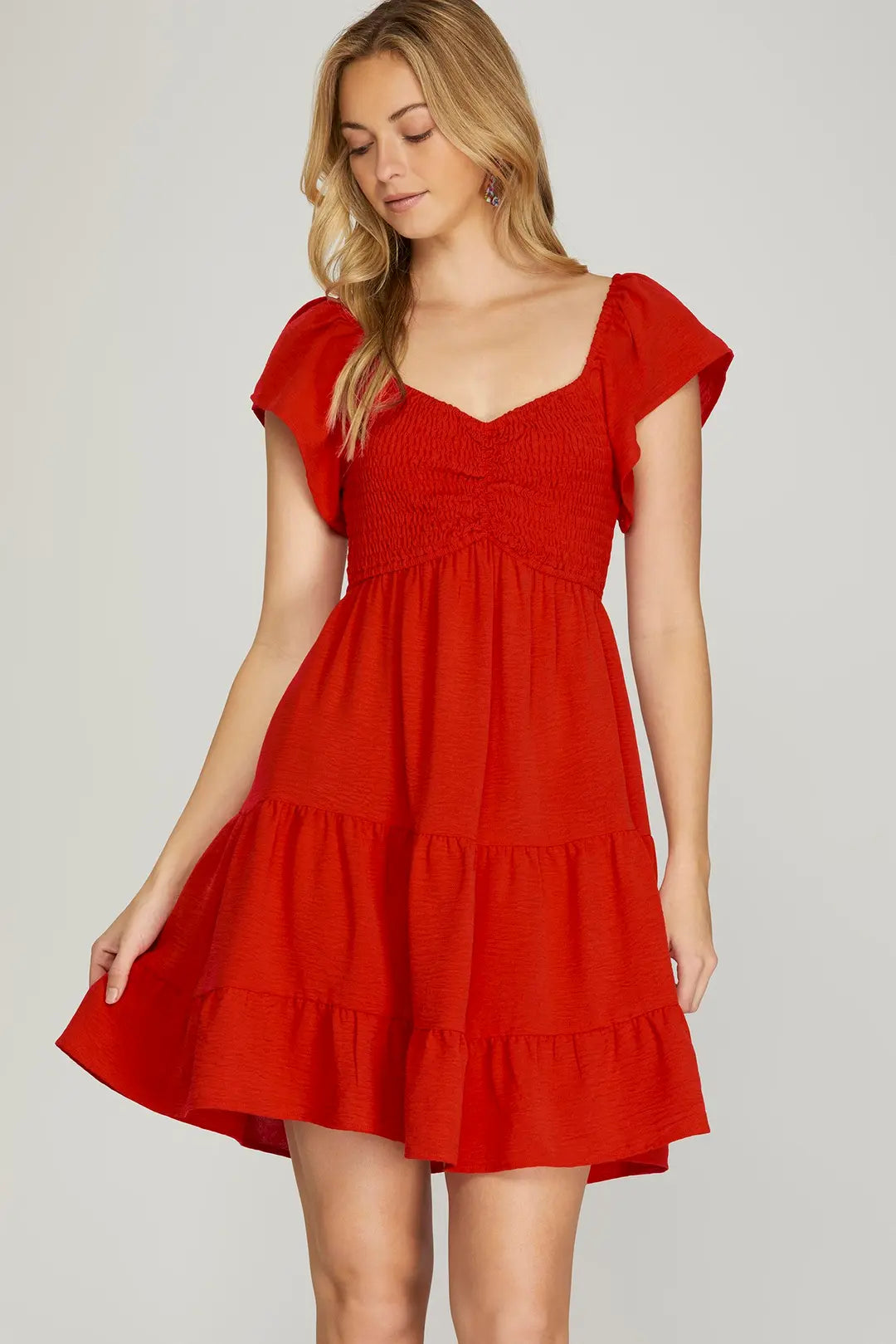 Smocked Tiered Sweetheart Neck Dress | Red