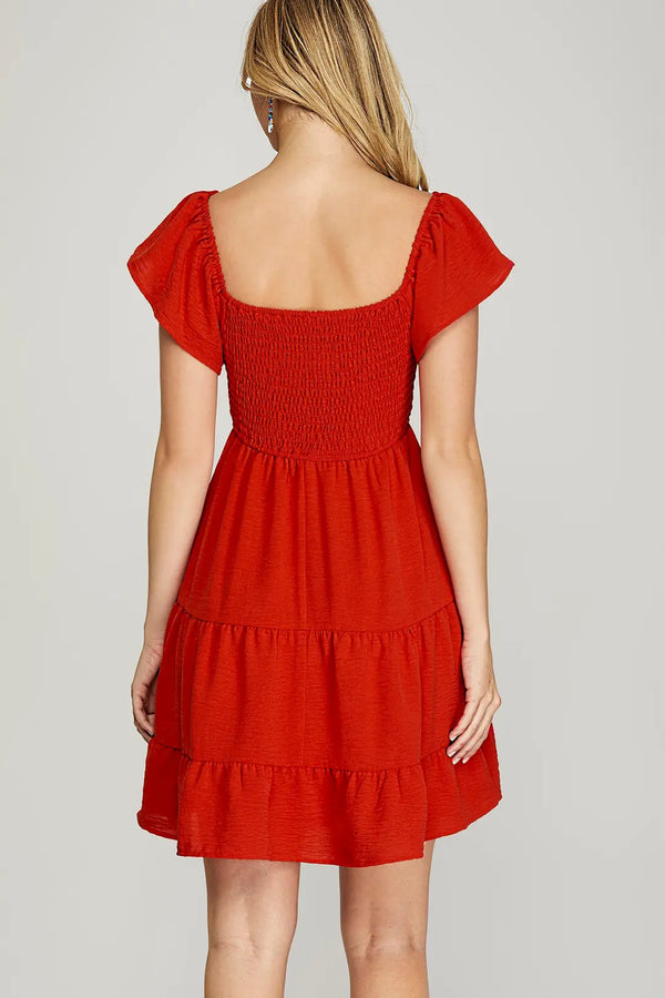 Smocked Tiered Sweetheart Neck Dress | Red
