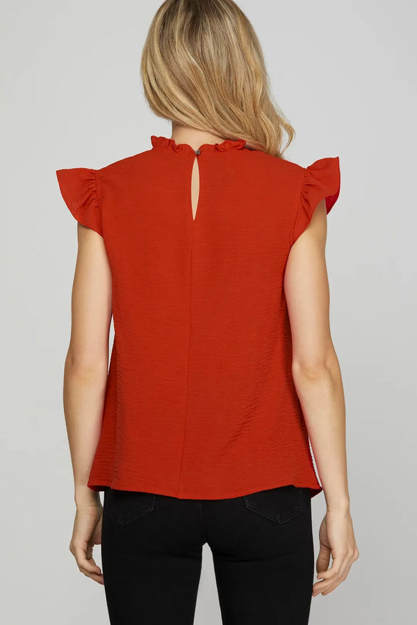 Ruffled Sleeve Pintuck Top | Red