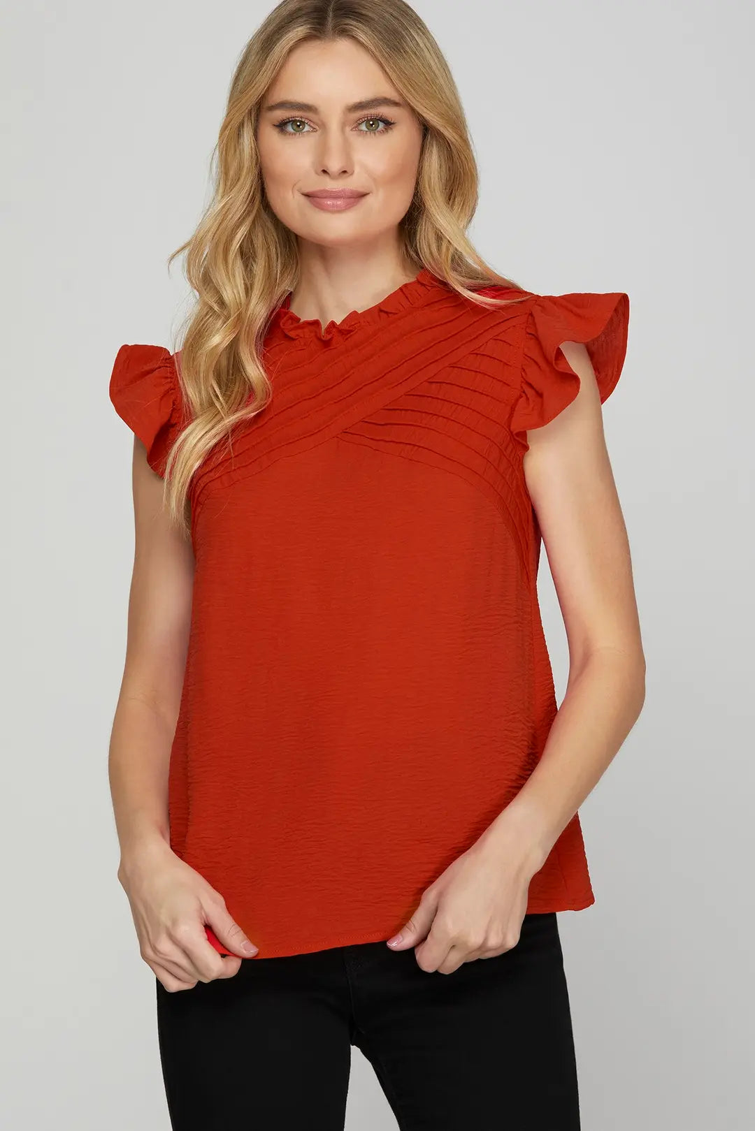 Ruffled Sleeve Pintuck Top | Red