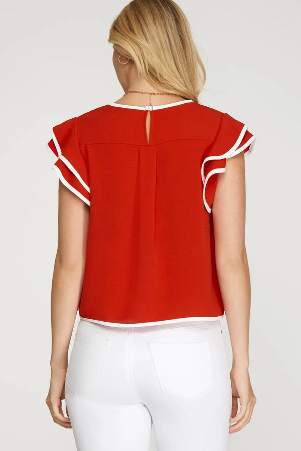 Contrasting Ruffe Sleeve Top | Red/White