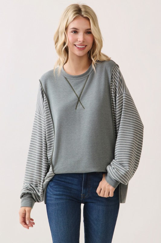 Stripe Contrast Pullover Top | Vintage Olive
