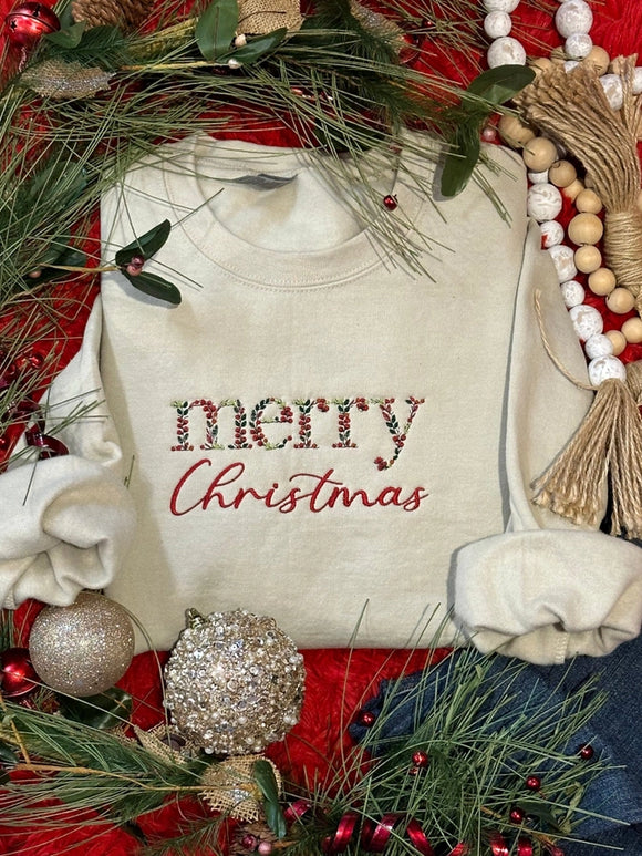 Merry Christmas Embroidered Sweatshirt | Light Beige