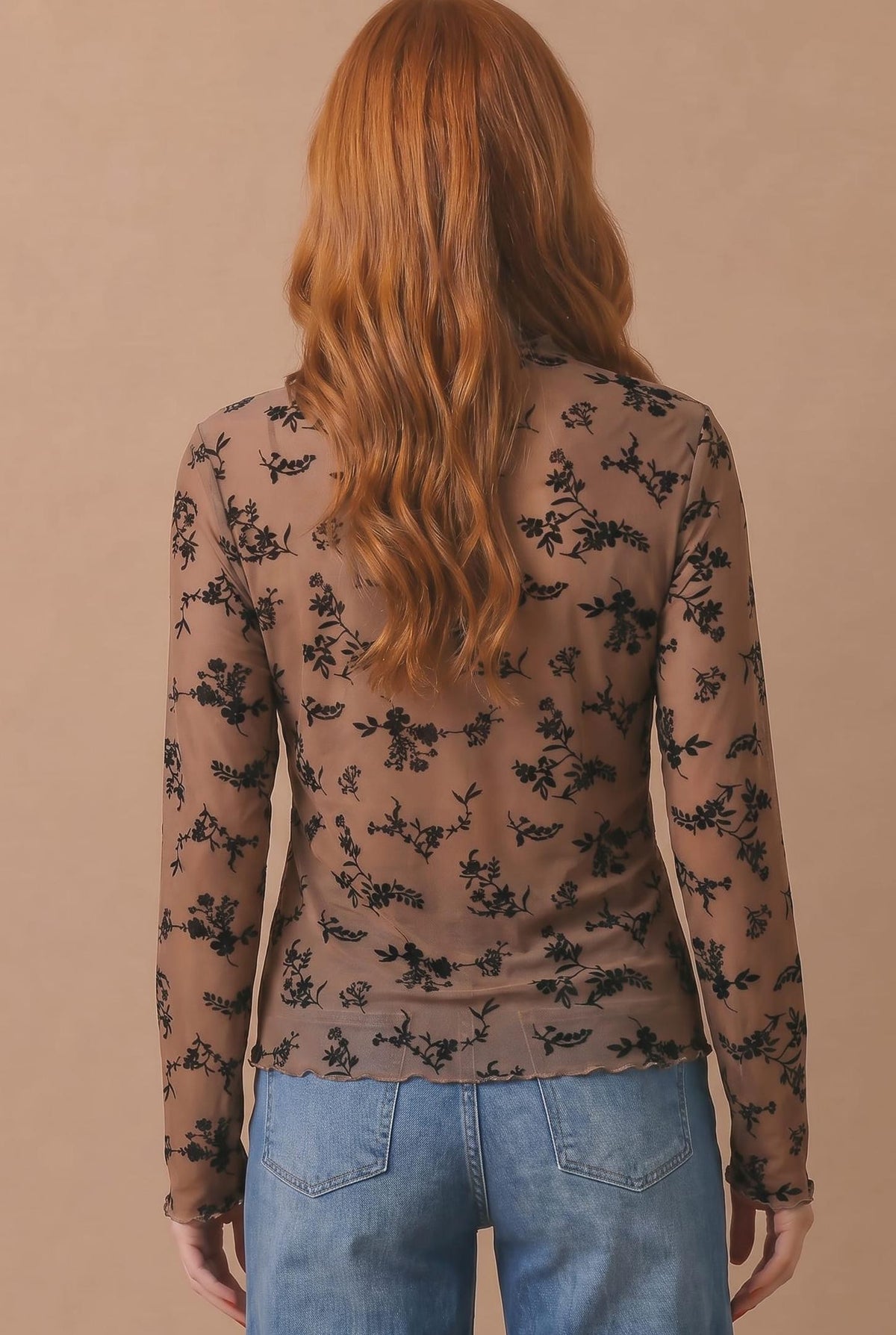 Velvet Flocking Mesh Sheer Top | Mocha/Black