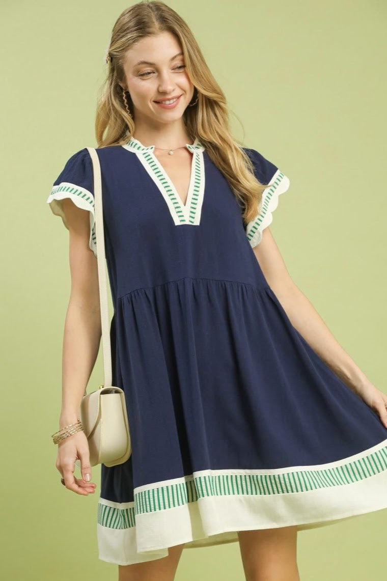 Linen Color Block Flutter Sleeve Dress | Navy
