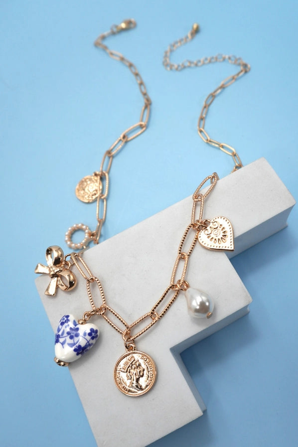 Gold Charm Necklace | Blue Ceramic Porcelain Bow Coin