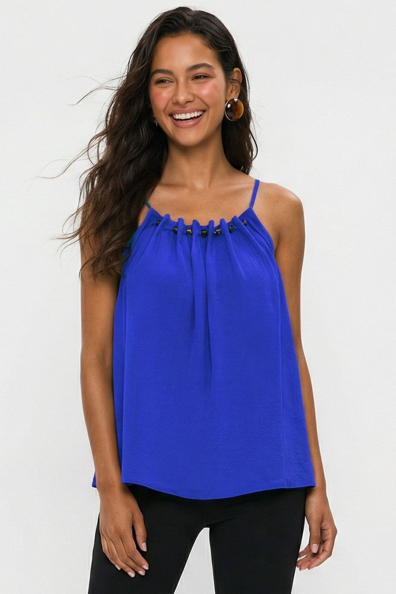 Silky Bead Detail Spaghetti Strap Tank Top | Capri Blue