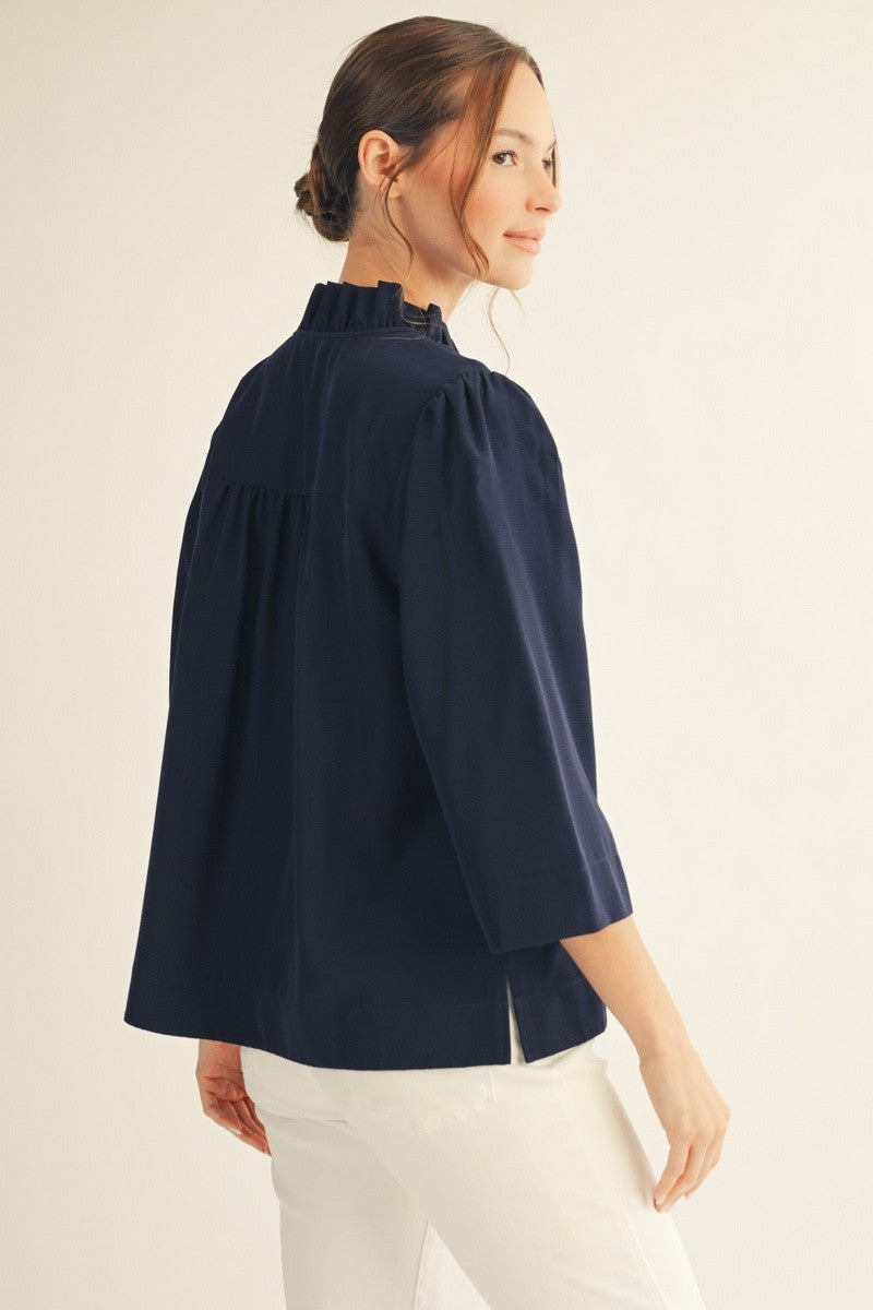 Ruffled Neck Crinkled 3/4 Sleeve Top | Navy