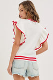 Game Day Ruffle Sleeve Knit Top | White/Red