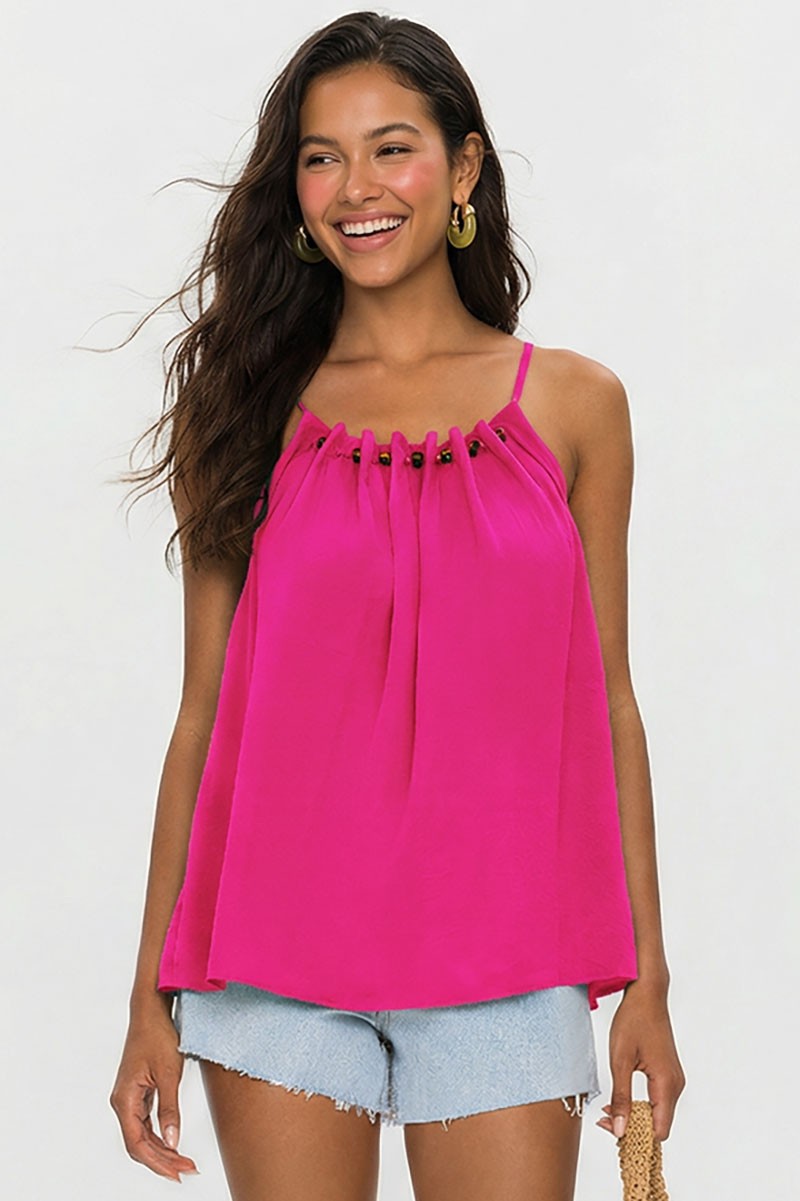 Silky Bead Detail Spaghetti Strap Tank Top | Hot Pink