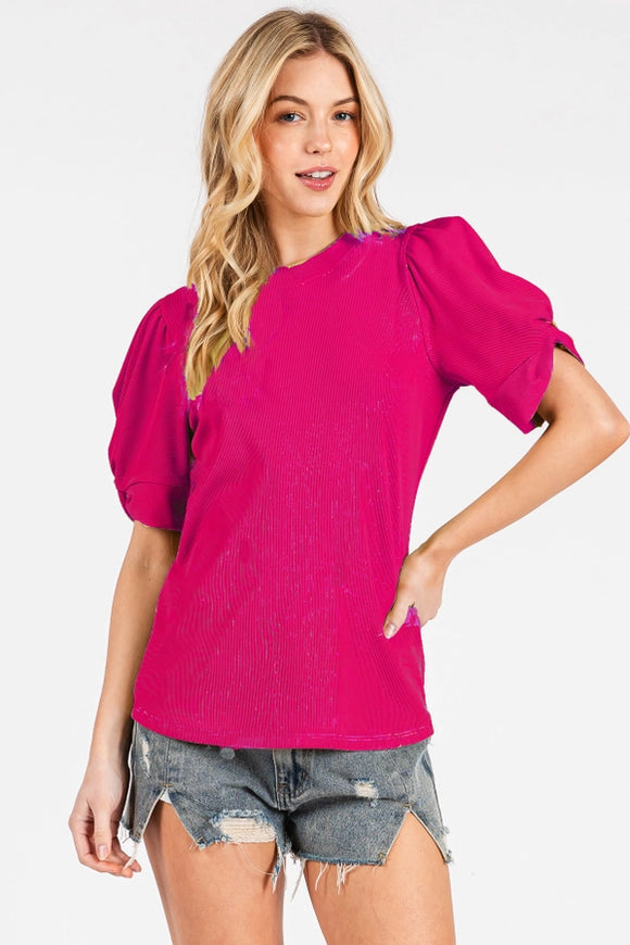 Ribbed Twisted Puff Sleeve Top | Hot Pink