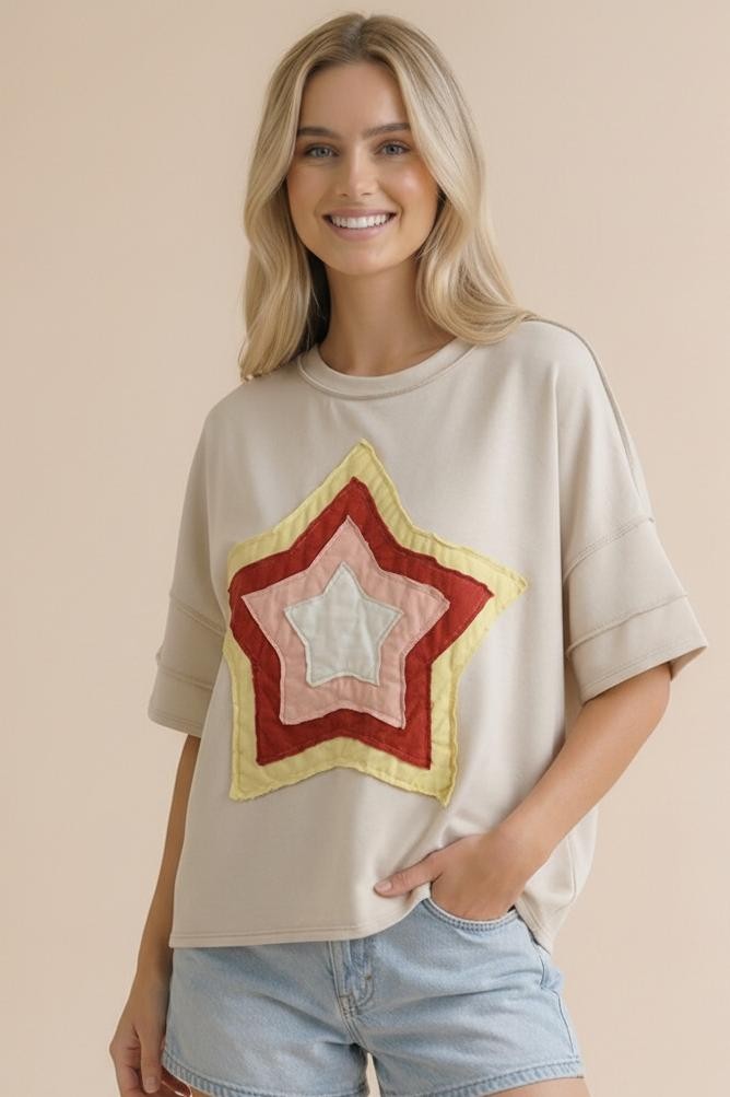 Star Multi Color Patchwork Top | Cream