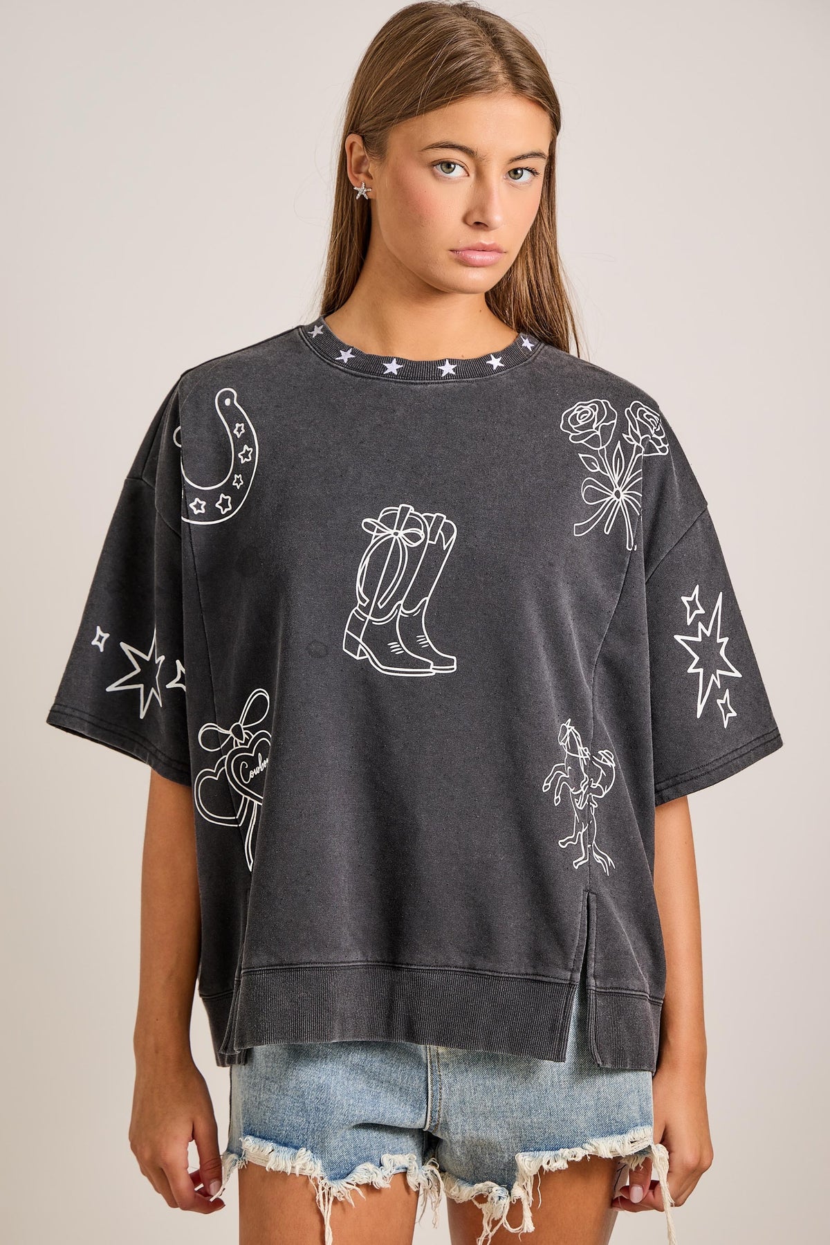 Mineral Washed Western Theme Oversized Top | Vintage Black