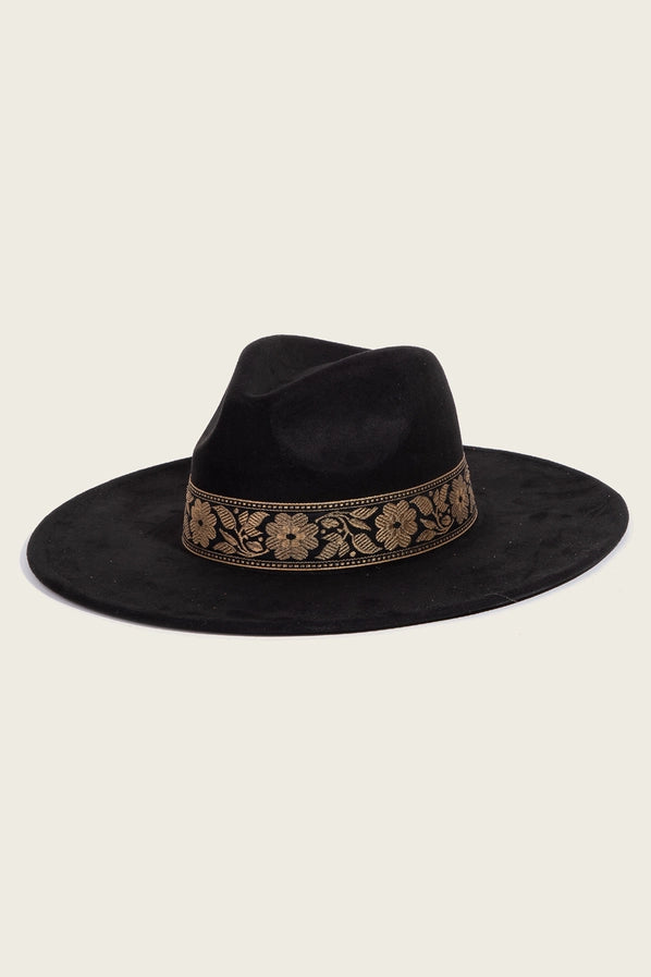 Flower Ribbon Band Flat Brim Hat | Black