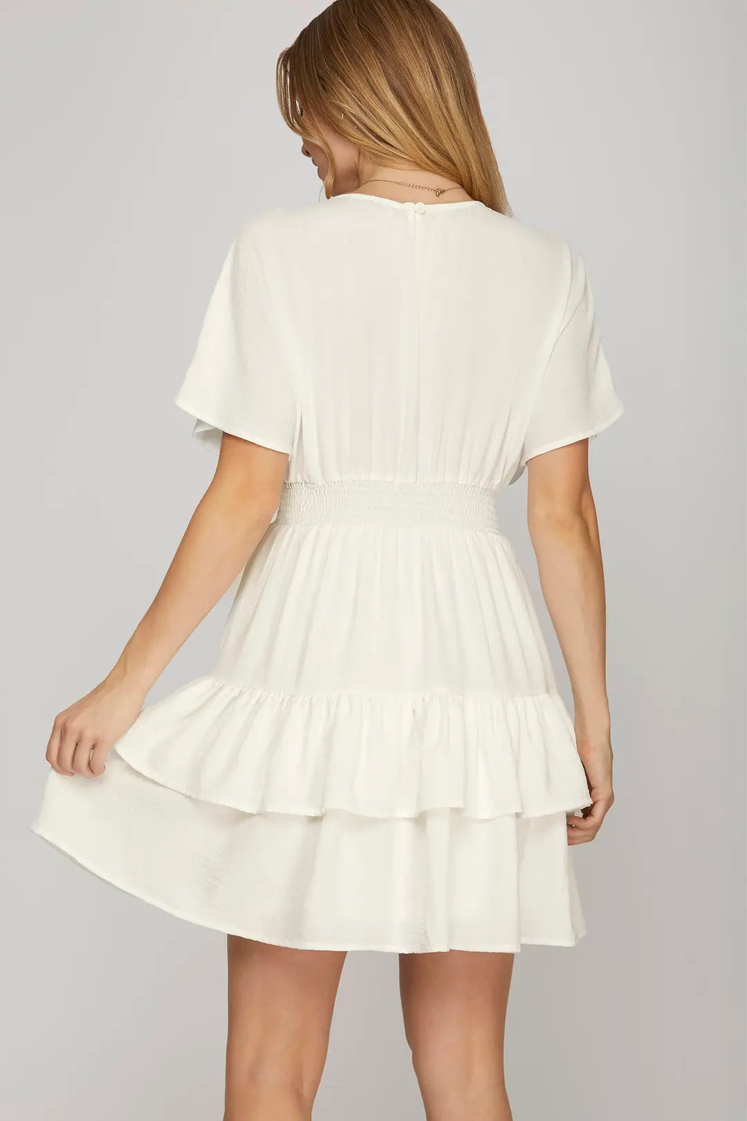 Drop Shoulder Smocked Tiered Dress | Off White