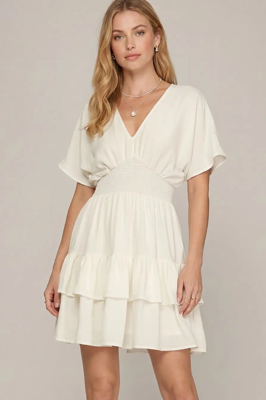 Drop Shoulder Smocked Tiered Dress | Off White