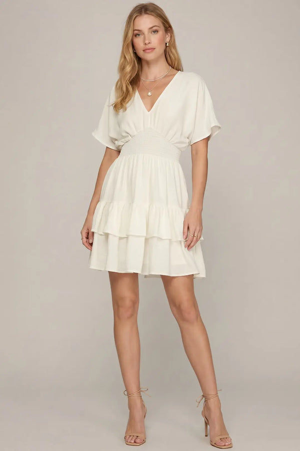 Drop Shoulder Smocked Tiered Dress | Off White