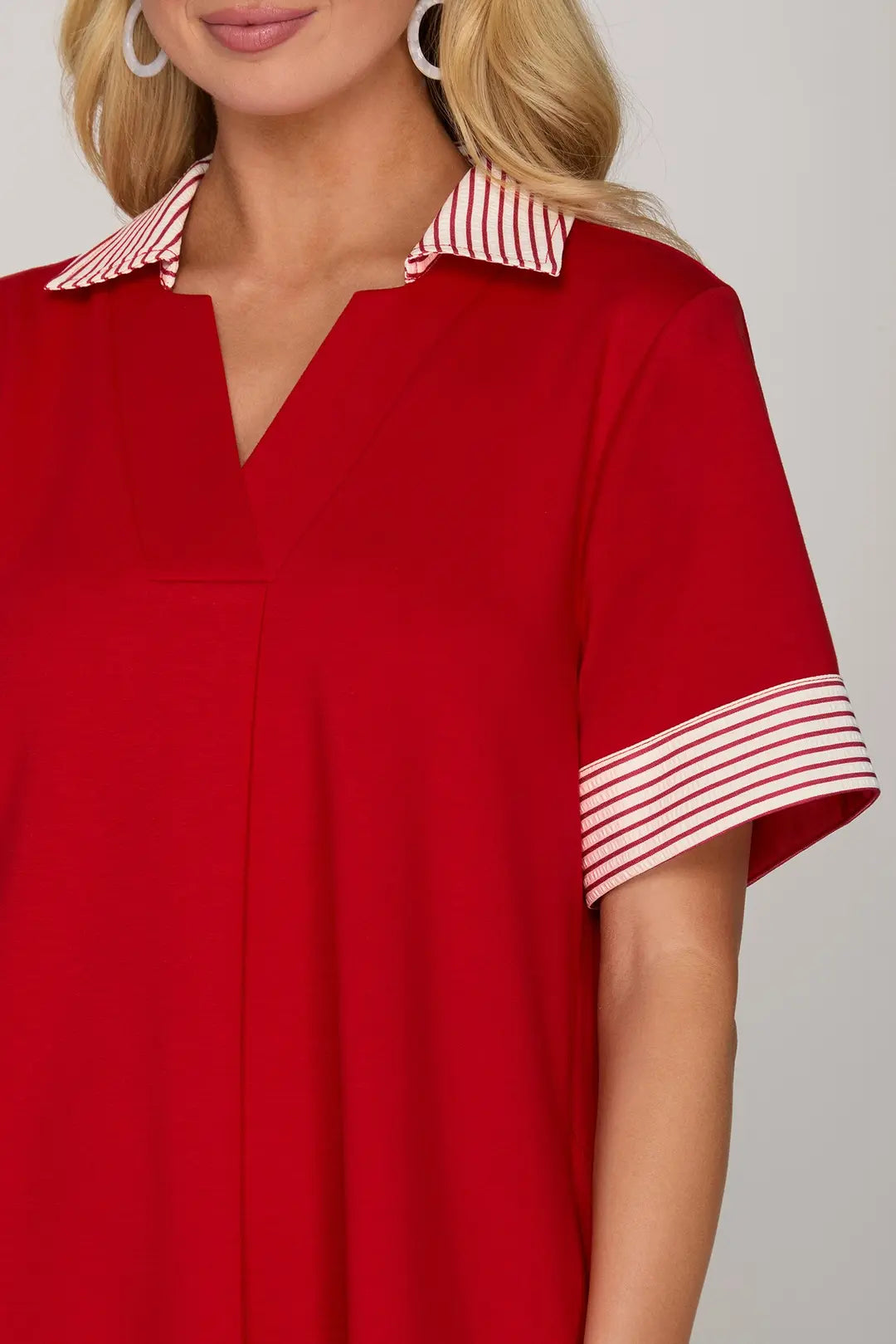 Striped Collared Drop Shoulder Dress | Red