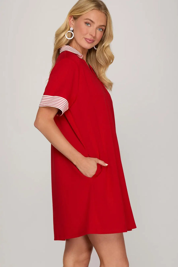 Striped Collared Drop Shoulder Dress | Red