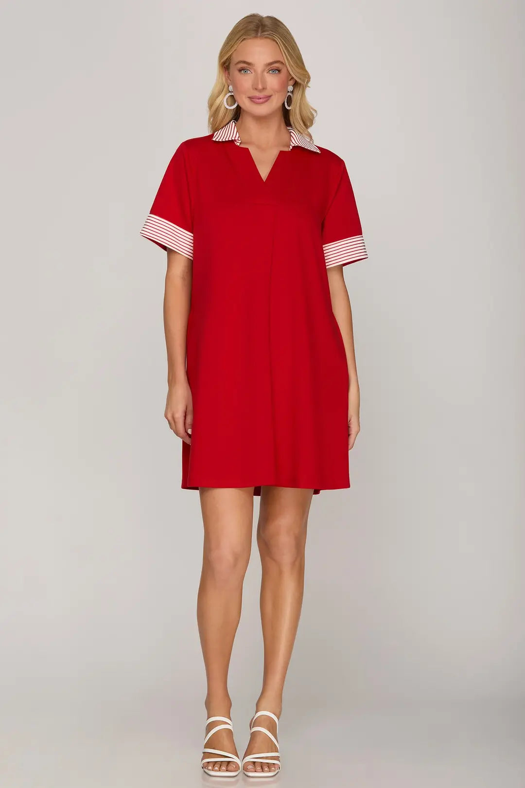 Striped Collared Drop Shoulder Dress | Red