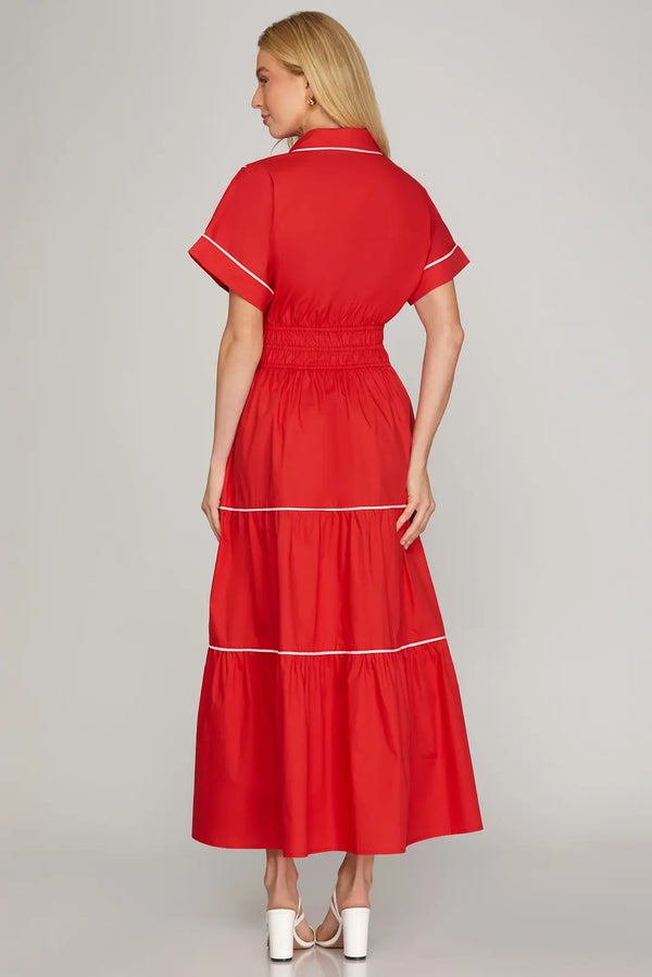 Tiered Piping Contrast Maxi Dress | Red/White