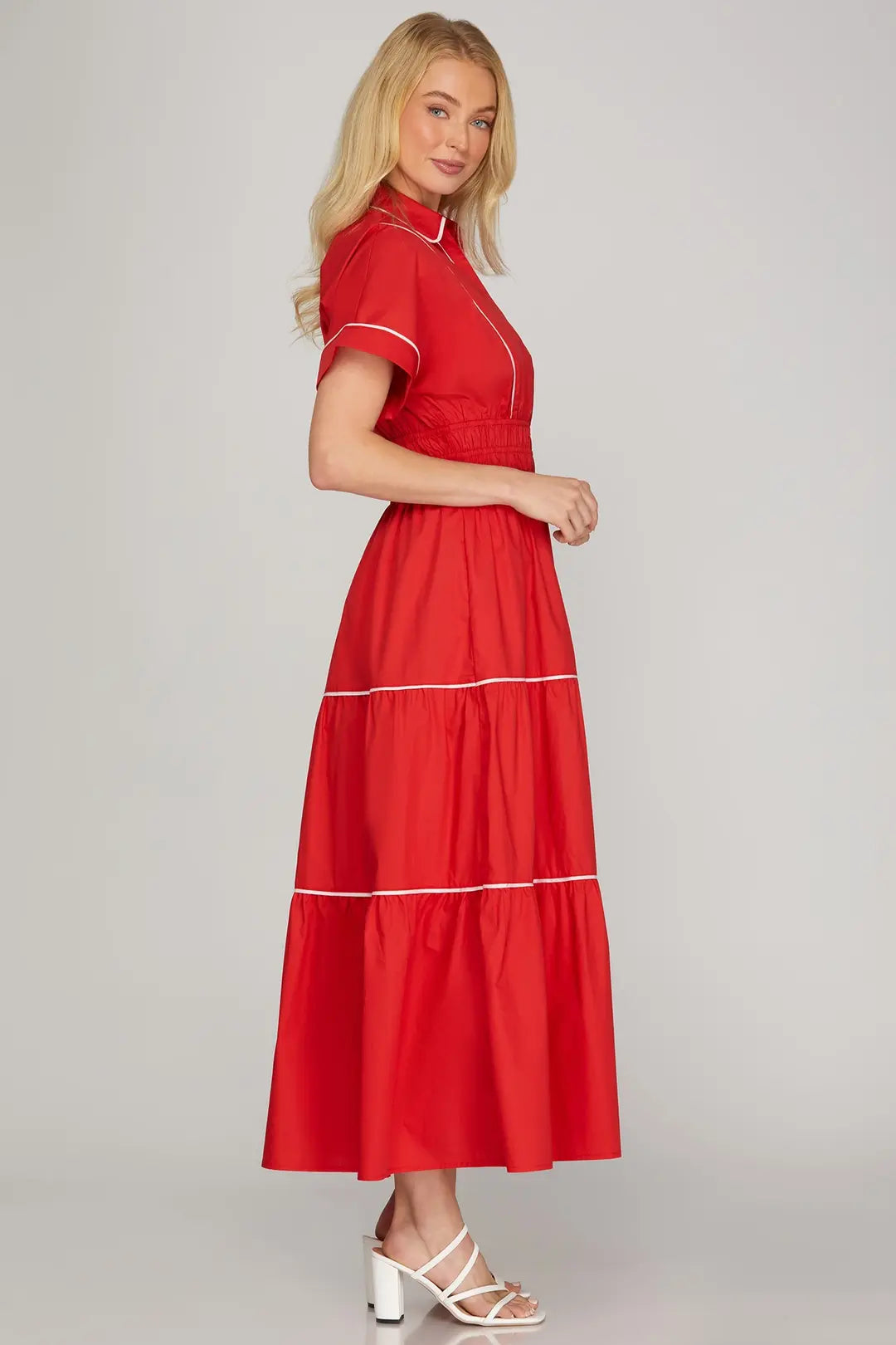 Tiered Piping Contrast Maxi Dress | Red/White