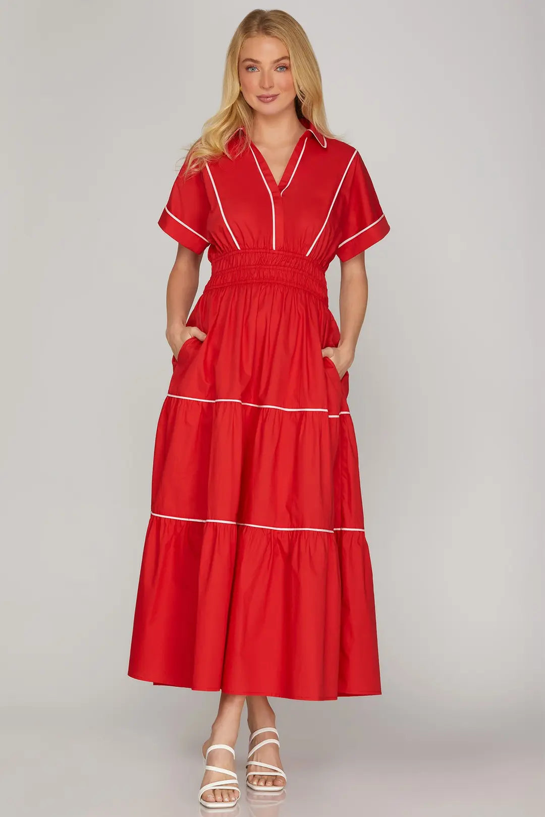 Tiered Piping Contrast Maxi Dress | Red/White