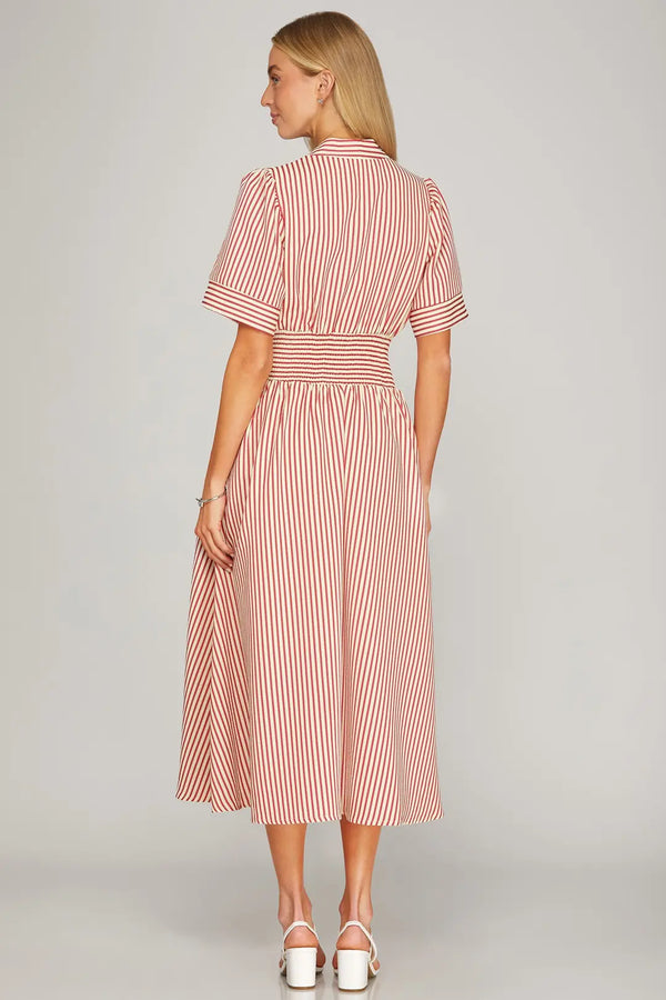 Striped Zip Up Maxi Dress | Red/White