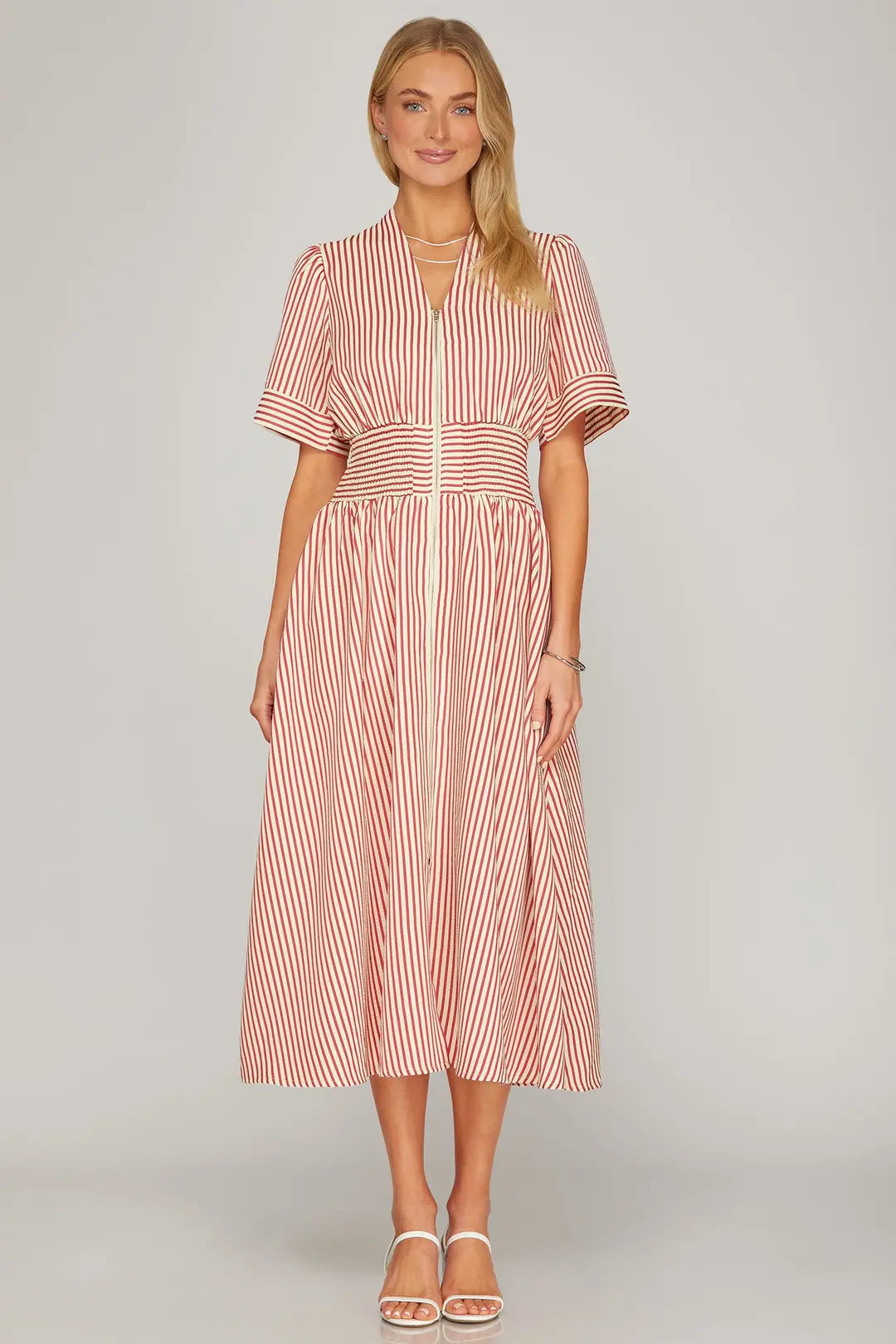 Striped Zip Up Maxi Dress | Red/White